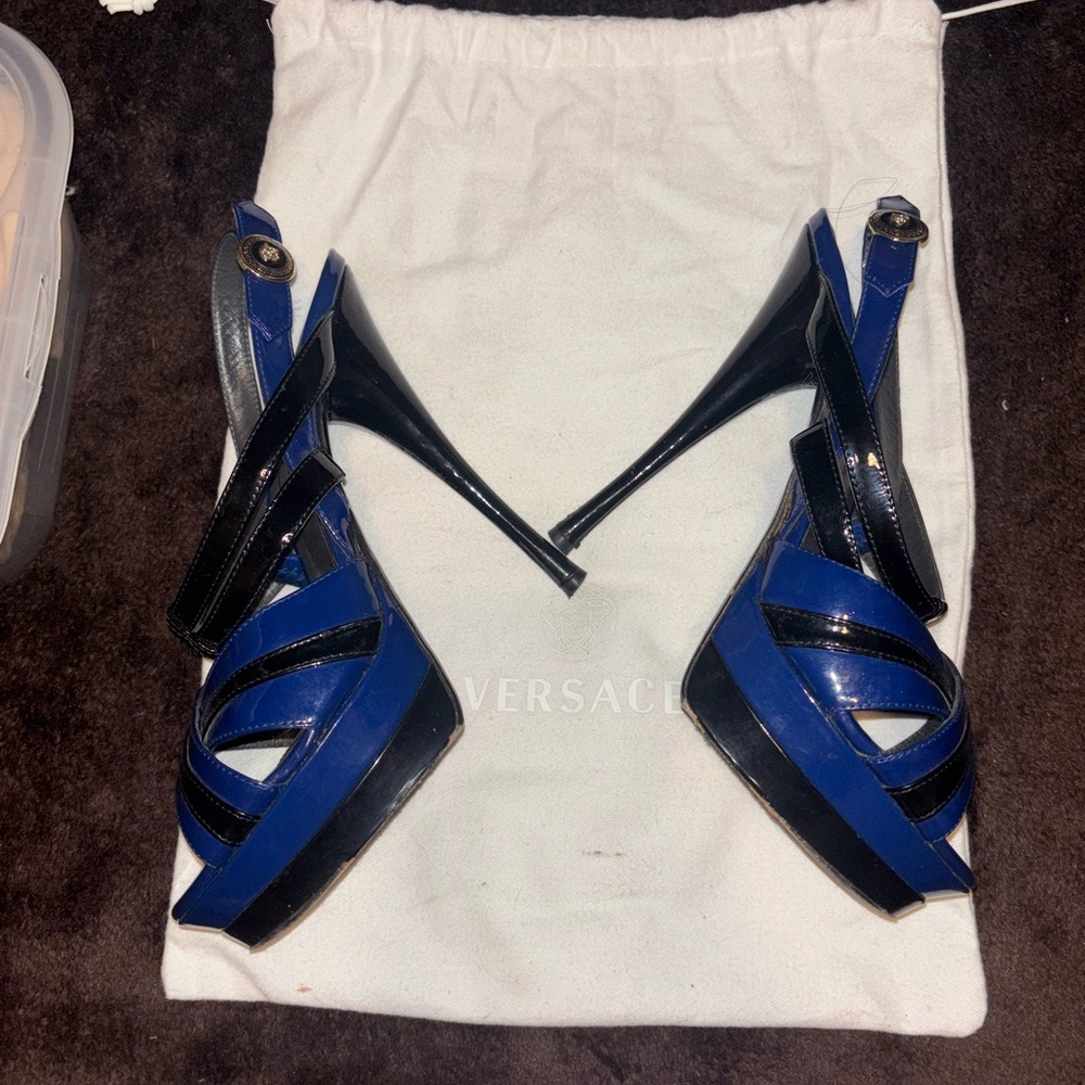 Versace Blue and Black Strappy Heels